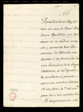 Traslado del marqués de Grimaldi a Francisco Antonio de Angulo del permiso del rey para imprimir ...
