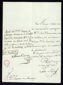 Orden de Pedro de Silva del pago a Antonio Carnicero de 900 reales de vellón por un dibujo para l...