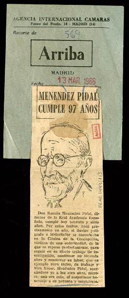 Recorte del diario Arriba con la noticia Menéndez Pidal cumple 97 años