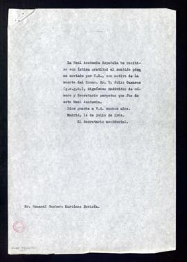 Copia del oficio del secretario accidental, Rafael Lapesa, al general Gustavo Martínez Zuviría de...