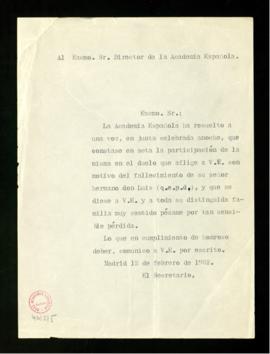 Copia sin firma del oficio del secretario [Emilio Cotarelo] a Ramón Menéndez Pidal de pésame por ...