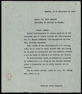 Copia de la carta de Julio Casares al embajador de Noruega, Rolf Andvord, de agradecimiento por l...