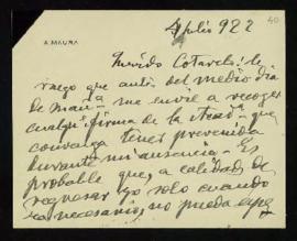 Carta del director, A[ntonio] Maura, al secretario, [Emilio] Cotarelo, en la que le ruega que env...