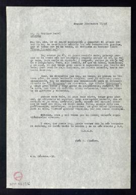 Copia de la carta de Juan Ramón Jiménez a Enrique Redel en la que le agradece el envío de su libr...