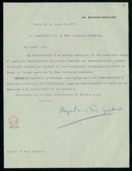 Carta de Miguel de Toro al secretario en la que le comunica que es francés por naturalización y q...
