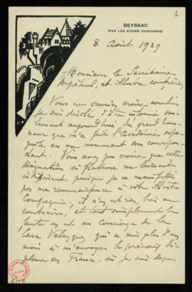 Carta de Pierre Paris al secretario en la que expresa su agradecimiento por haber sido nombrado a...
