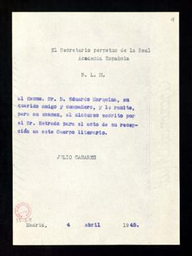 Copia del besalamano de Julio Casares a Eduardo Marquina con el que le remite el discurso de ingr...