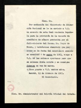 Copia sin firma del oficio del secretario [Julio Casares] al administrador del Boletín Oficial de...