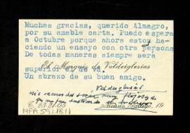 Tarjeta del marqués de Valdeiglesias en la que agradece su carta a Melchor Fernández Almagro y le...