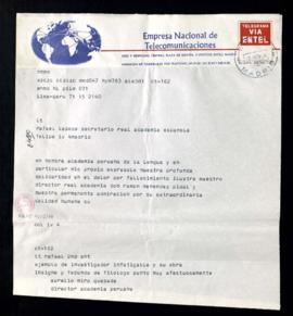 Telegrama de Aurelio Miró Quesada, director de la Academia Peruana, a Rafael Lapesa, secretario d...