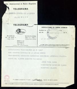 Telegrama de pésame de Eufemiano Claros y de Jorge Fidel Durón de la Academia Hondureña por el fa...