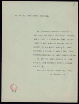 Copia sin firma del oficio de pésame del secretario [Emilio Cotarelo] a José María Sallent por el...