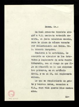 Copia sin firma del oficio del secretario a José María de Cossío de comunicación de su elección p...
