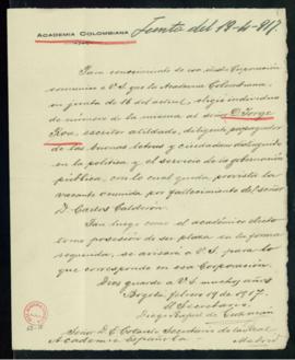 Carta de Diego Rafael de Guzmán a Emilio Cotarelo, secretario, en la que le informa sobre la elec...