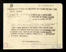 Copia del telegrama de Austregésilo de Athayde, presidente de la Academia Brasileña de Letras, a ...