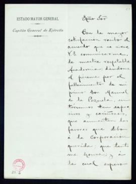 Carta de Juan de la Pezuela al secretario, Mariano Catalina, por la que agradece el pésame recibi...