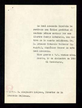 Copia sin firma del oficio del secretario a Alejandro Quijano, director de la Academia Mejicana, ...