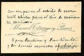 Tarjeta de visita de Manuel Tamayo y Baus en la que se despide de Pedro Antonio de Alarcón y enví...