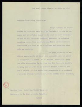 Carta de Alejandro Alvarado Quirós a Emilio Cotarelo, secretario, en la que acusa el recibo de su...
