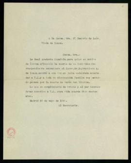 Copia del oficio del secretario a la viuda de Francisco A. de Icaza, Beatriz de León, de traslado...