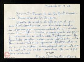 Carta de Luis Martínez Kleiser al presidente de la Real Academia Española en la que agradece, de ...