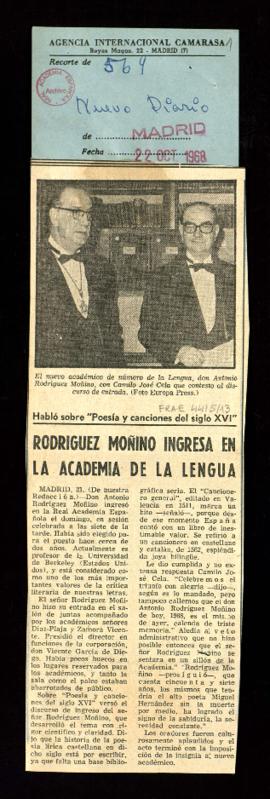 Recorte de Nuevo Diario con la crónica titulada Rodríguez Moñino ingresa en la Academia de la Lengua