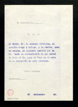 Copia sin firma del besalamano del secretario, Julio Casares, a Armando Cotarelo con el que le re...
