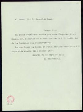 Minuta de oficio del secretario [Emilio Cotarelo] a Leopoldo Cano de comunicación de su nombramie...