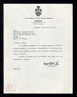 Carta de Miguel Mejía Dutary, secretario de la Academia Panameña de la Lengua, al secretario, Alo...
