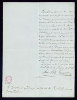 Carta de Luis F[e]r[nánde]z-Guerra al secretario [Manuel Tamayo y Baus] en al que acepta encargar...