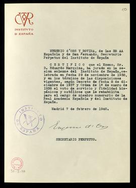 Certificado de Eugenio D'Ors, secretario perpetuo del Instituto de España, sobre el juramento de ...