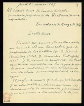 Carta de Lucien Paul Thomas a Emilio Cotarelo en la que acusa recibo de su nombramiento como acad...