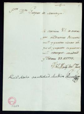 Orden del marqués de Santa Cruz del pago a Matías Ricarte de 1400 reales de vellón por 4000 estam...