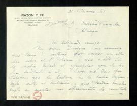 Carta de Rafael María Hornedo a Melchor Fernández Almagro con la que le envía un ejemplar de su e...