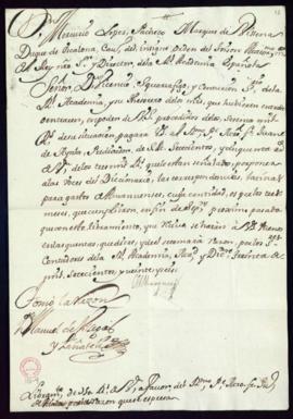 Orden del marqués de Villena de libramiento a favor de Juan Interián de Ayala de 750 reales de ve...