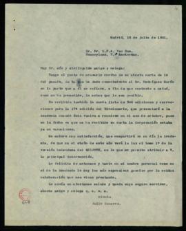 Minuta de la carta de Julio Casares a C. F. Adolf van Dam en la que le asegura que ha dado el rec...