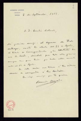 Carta de Bernardo Acevedo a Emilio Cotarelo en la que acusa recibo del título de correspondiente ...