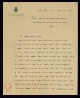 Carta del conde de Torata a Antonio Maura en la que le comunica confidencialmente la intención de...