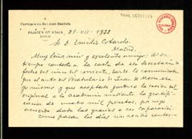 Carta de José M.ª Aguado a Emilio Cotarelo en la que le dice que no ha recibido contestación a la...