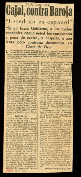Recorte de prensa del diario Pueblo con el titular Cajal, contra Baroja, que reproduce la informa...
