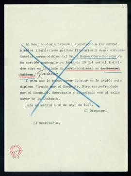 Minuta del diploma de Ramón Otero Pedrayo de académico correspondiente de la Sección Gallega