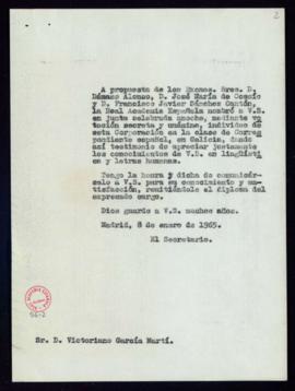 Copia sin firma del oficio del secretario a Victoriano García Martí de traslado de su nombramient...