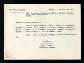 Carta de Luis Alfonso, secretario general de Comisión Permanente de la Asociación de Academias de...
