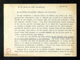 Copia de la carta del marqués de Benomar a Antonio Cánovas del Castillo en la que le dice que ace...