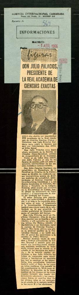 Recorte del diario Informaciones con la noticia titulada Don Julio Palacios, presidente de la Rea...
