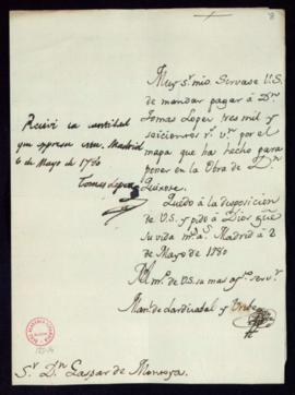 Orden de Manuel de Lardizábal del pago a Tomás López de 3600 reales de vellón por el mapa que ha ...