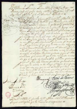 Orden del marqués de Villena de libramiento a favor de Tomás Pascual de Azpeitia de 2162 reales y...