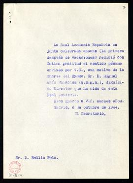 Copia sin firma del oficio del secretario a Emilio Pola de traslado del agradecimiento de la junt...