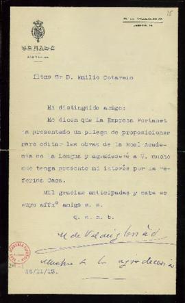Carta del Marqués de Valdeiglesias a Emilio Cotarelo en la que expresa su interés por la propuest...