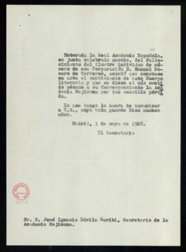 Copia del oficio de pésame del secretario a José Ignacio Dávila Garibi, secretario de la Academia...